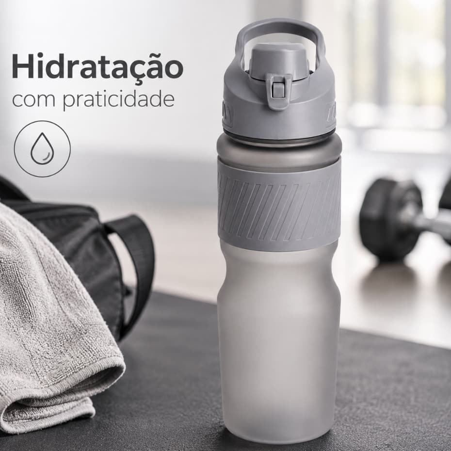 Garrafa Esportiva Resistente 750 ML Água Grip Cinza Fosca Com Trava De Segurança