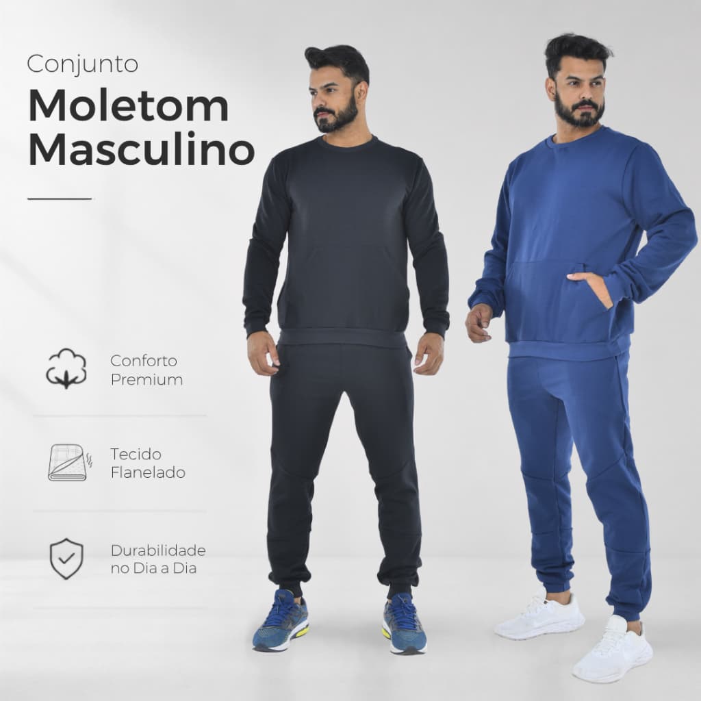 Conjunto Moletom Masculino Inverno Gola Careca Sem Capuz Blusão Com/Sem Bolso Calça Jogger 2 Bolsos
