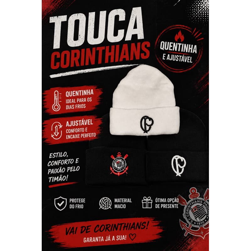 Touca Corinthians Bordada Quentinha Ajustável Inverno