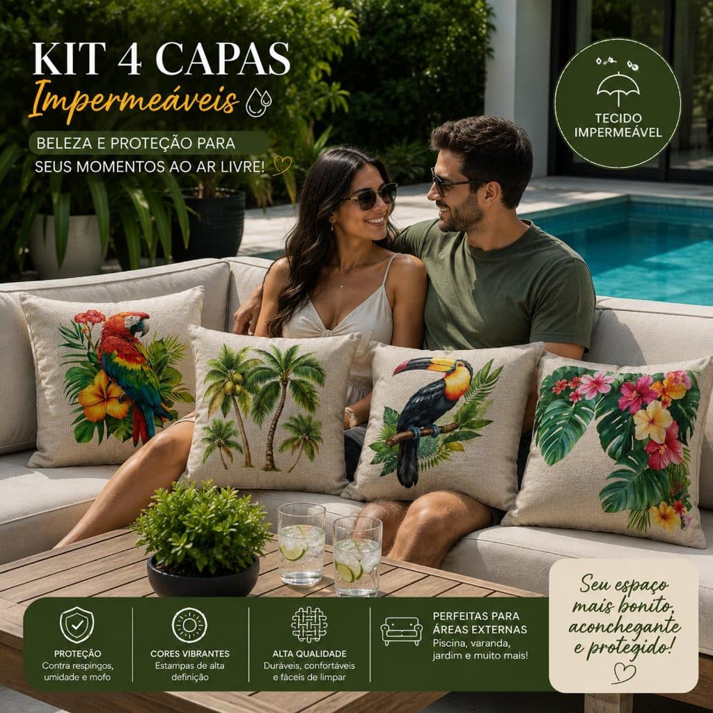 Kit 4 Capas De Almofadas Impermeável Piscina Praia 45x45 Floral - Novadecora