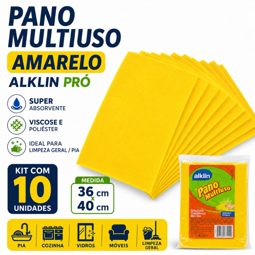 10 un Pano de Pia Alklin 36cm x 40cm Multiuso Amarelo
