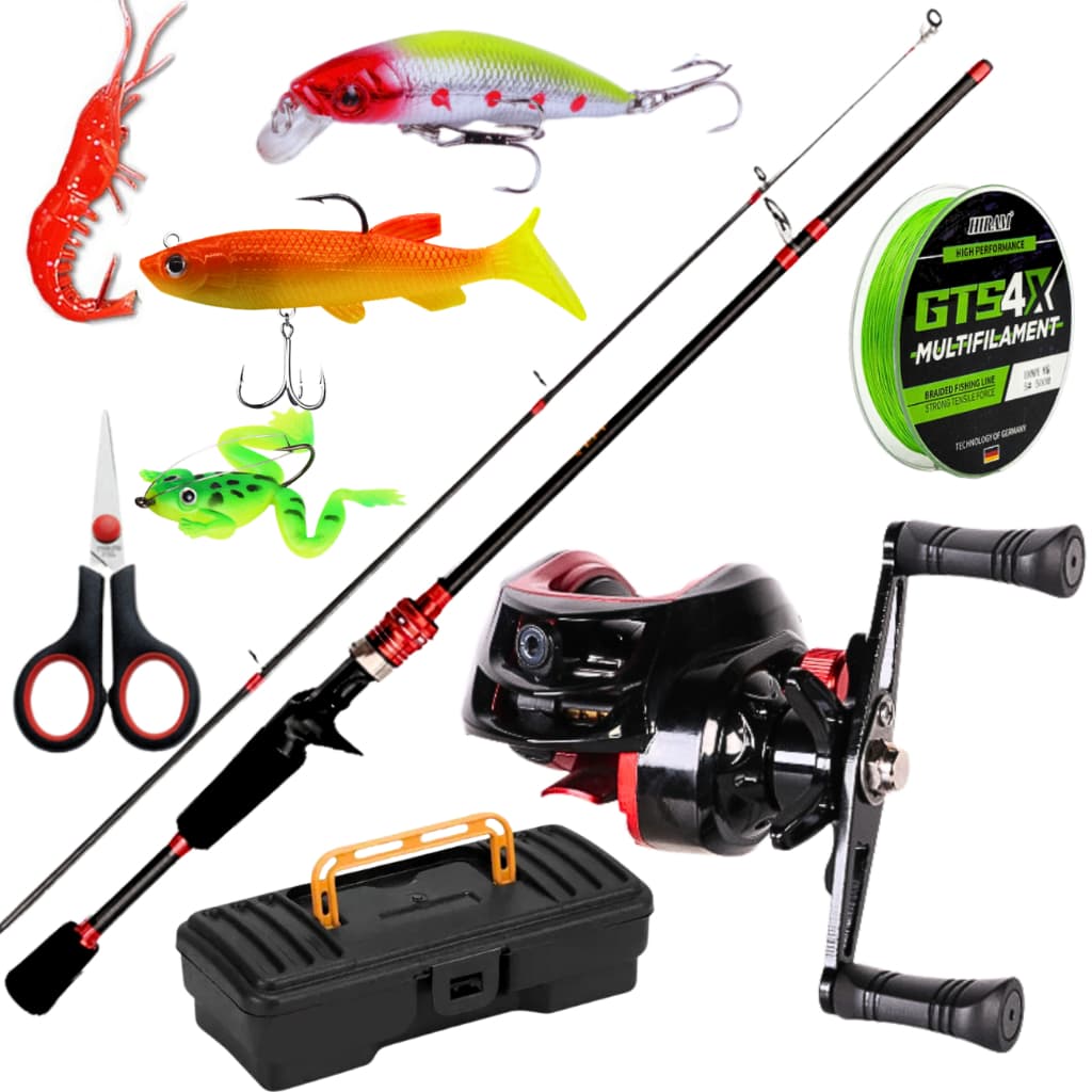 Carretilha de Pesca Anticabeleira Vara de Fibra de Carbono Linha Multifilamento Isca Artificial KIT