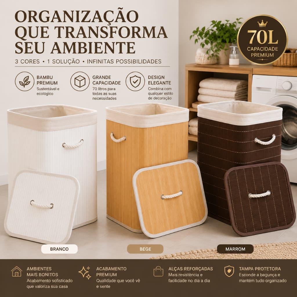 Cesto Organizador Bambu Grande Capacidade 70 Litros Com Tampa Alcas Branco Marron Bege