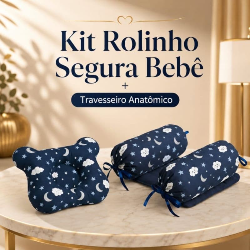 kit Rolinho segura bebê apoio + travesseiro anatômico ursinho, estampado, antialérgico, confortável