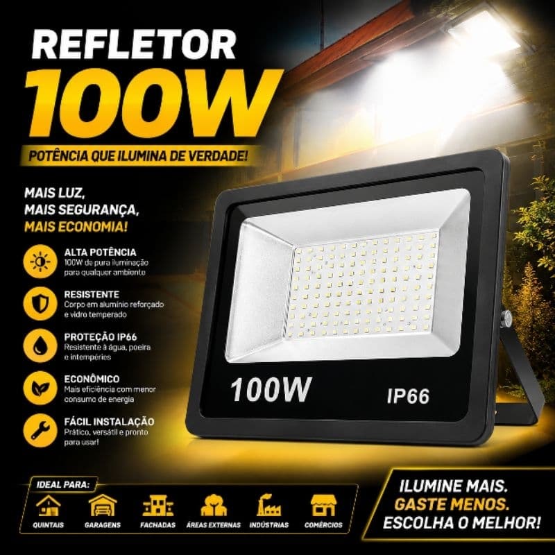 Refletor Led 50w 100w Holofote Alta Potência Econômico Bivolt 127v 220v Ip66 Branco Frio 6000k