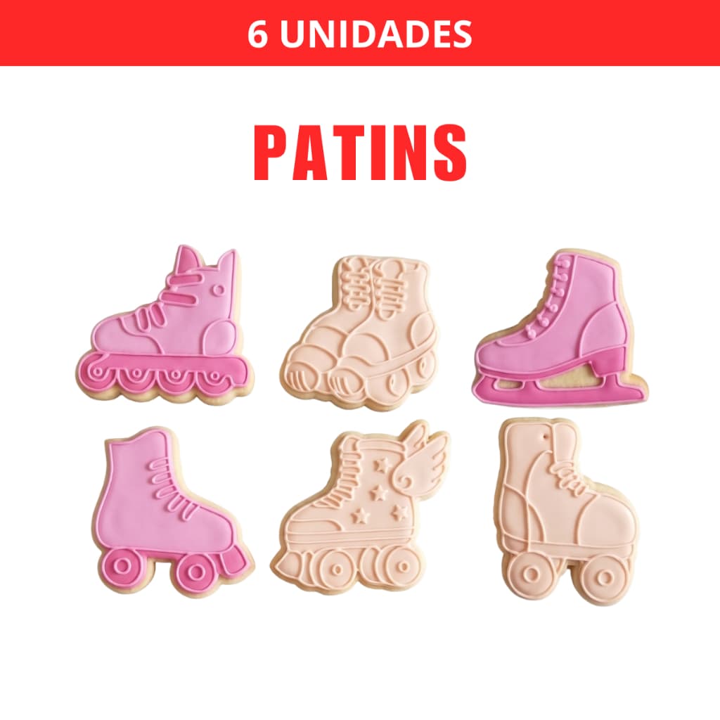 Kit 6 Cortadores e Carimbos de Biscoito de Patins/Patinação com Puxador Profissional