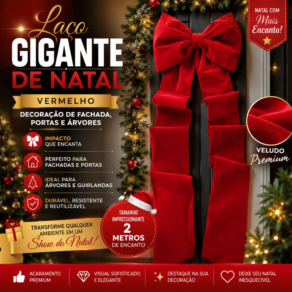 Laço Gigante, Max Laços Vermelho Em Veludo - Decoração de Natal, Fachada, Portas, Árvores e Inauguração, Carro, Moto