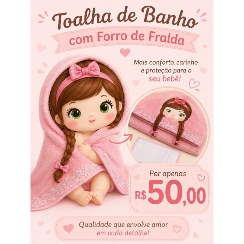 Toalha de banho bebê com capuz boneca trancinha