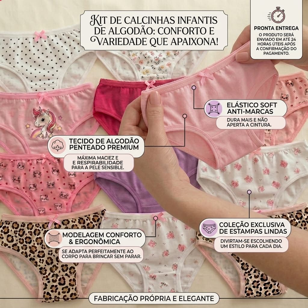 12CALCINHAS EM ALGODÃO INFANTIL COM ESTAMPAS SORTIDAS/ Barraco de Linha