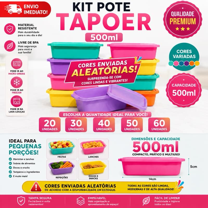 Kit 50 Potes 500ml Pequenas Marmitas Pode ir Freezer E Micro-ondas