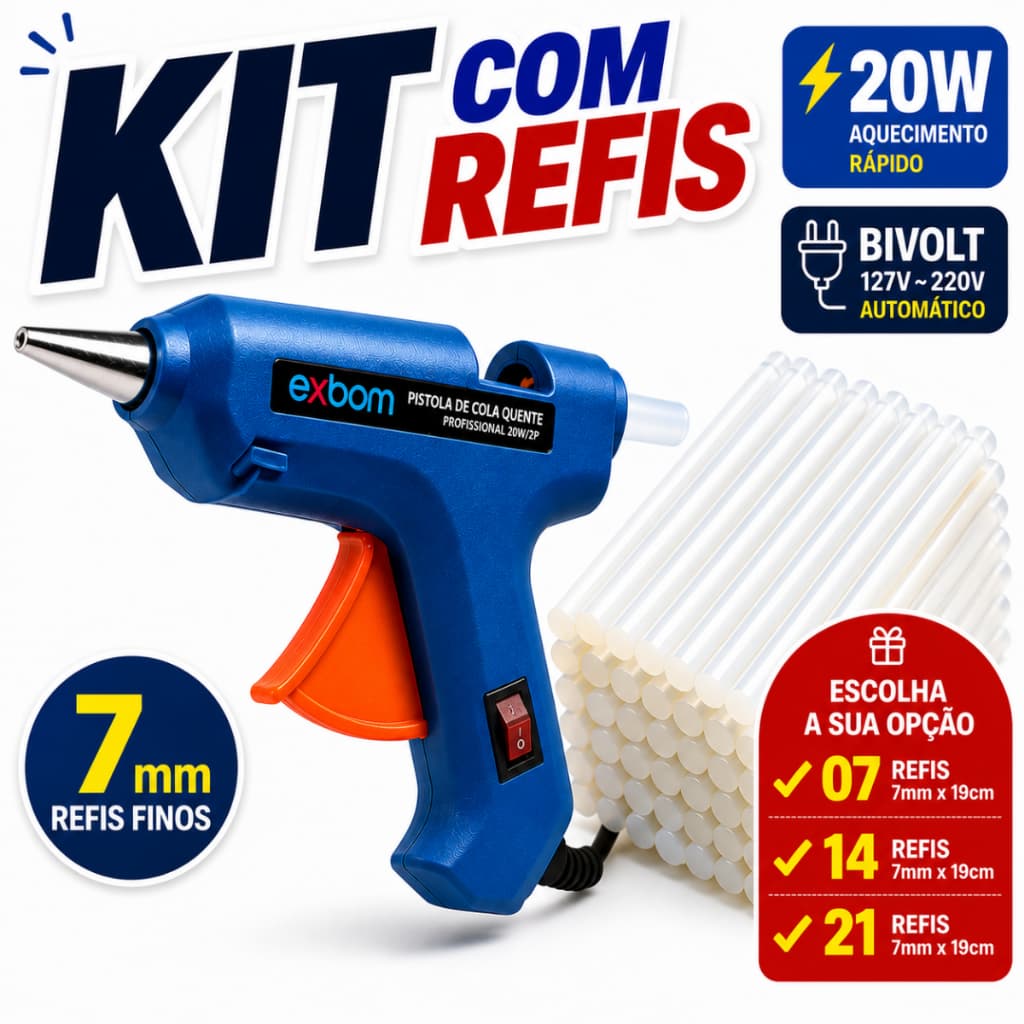 Kit Pistola de Cola Quente 20W Bivolt + Refis Finos 7mm