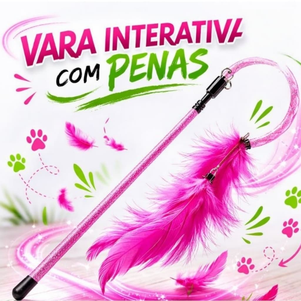 Varinha para Gato com Lagarta e Pena - Brinquedo Elástico com Bolinha e Guizo - Vara de Pesca Estimulante