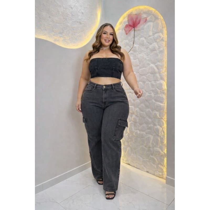 Calça Feminina Wide Leg Cargo plus size grafite Jeans Cintura Alta sem  Lycra