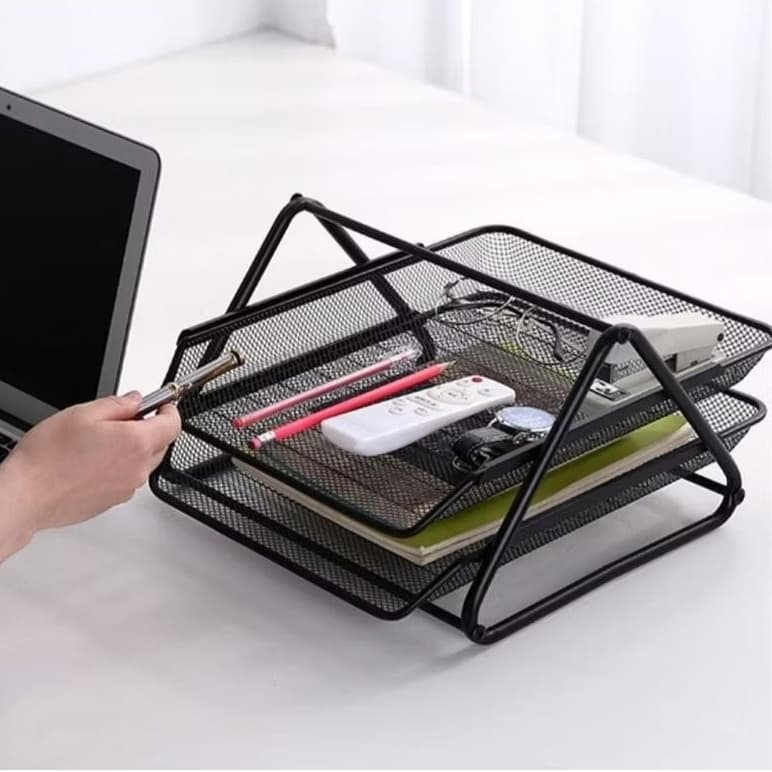 Organizador de Mesa Escritório 2 Bandejas Porta Documentos Papel Metal Preto Home Office