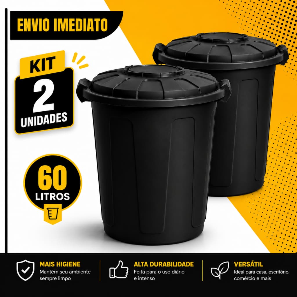 Kit 02 Cesto Lixeira Multiuso 60 Litros Tampa com Trava Higiênica Prédio Escola Edifícios Coleta Seletiva