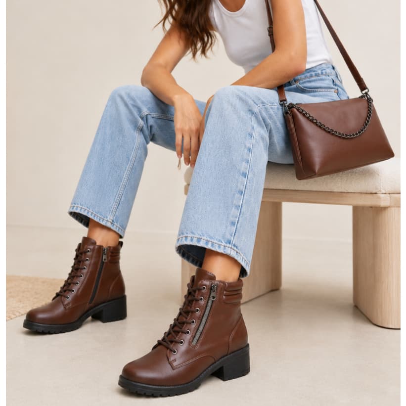 Kit Bota Coturno Feminina Saltinho Salto Baixo Com Zíper Cadarço Bolsa Corrente Ombro Transversal Moda Country Western