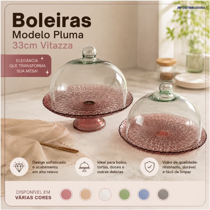 Boleira Pluma Vitazza 33cm C/ ou Sem Pé Cúpula 28cm Cores Variadas Porta Bolo Mesa Posta Festa