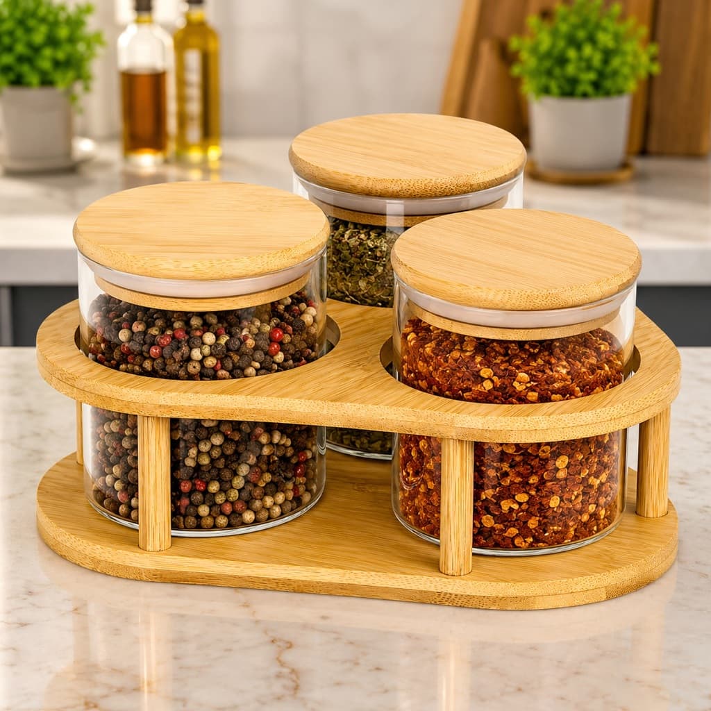Conjunto 3 Potes Porta Condimentos Temperos Vidro Tampa Hermética Kit Suporte Bambu Saleiro 300ml
