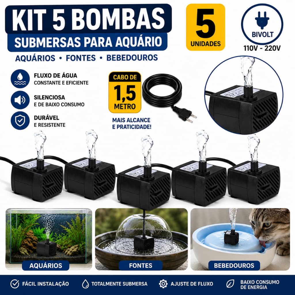 KIT COM 05 BOMBAS SUBMERSAS PARA AQUÁRIO/FONTE/BEBEDOURO - BIGOOFISH - BIVOLT - 180L/H -3W