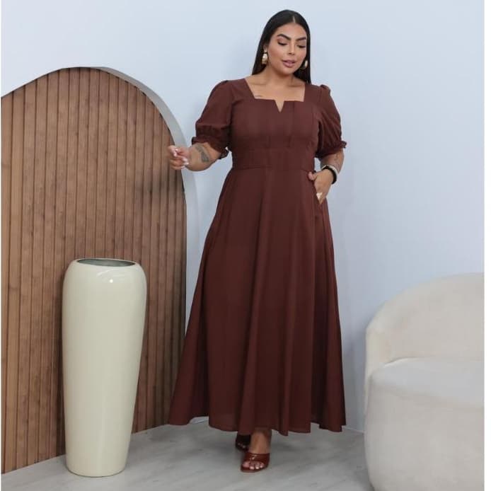 Vestido Feminino Plus Size Midi Linho Com Bolsos Manga Princesa Elegante Tam Único Veste 48-50