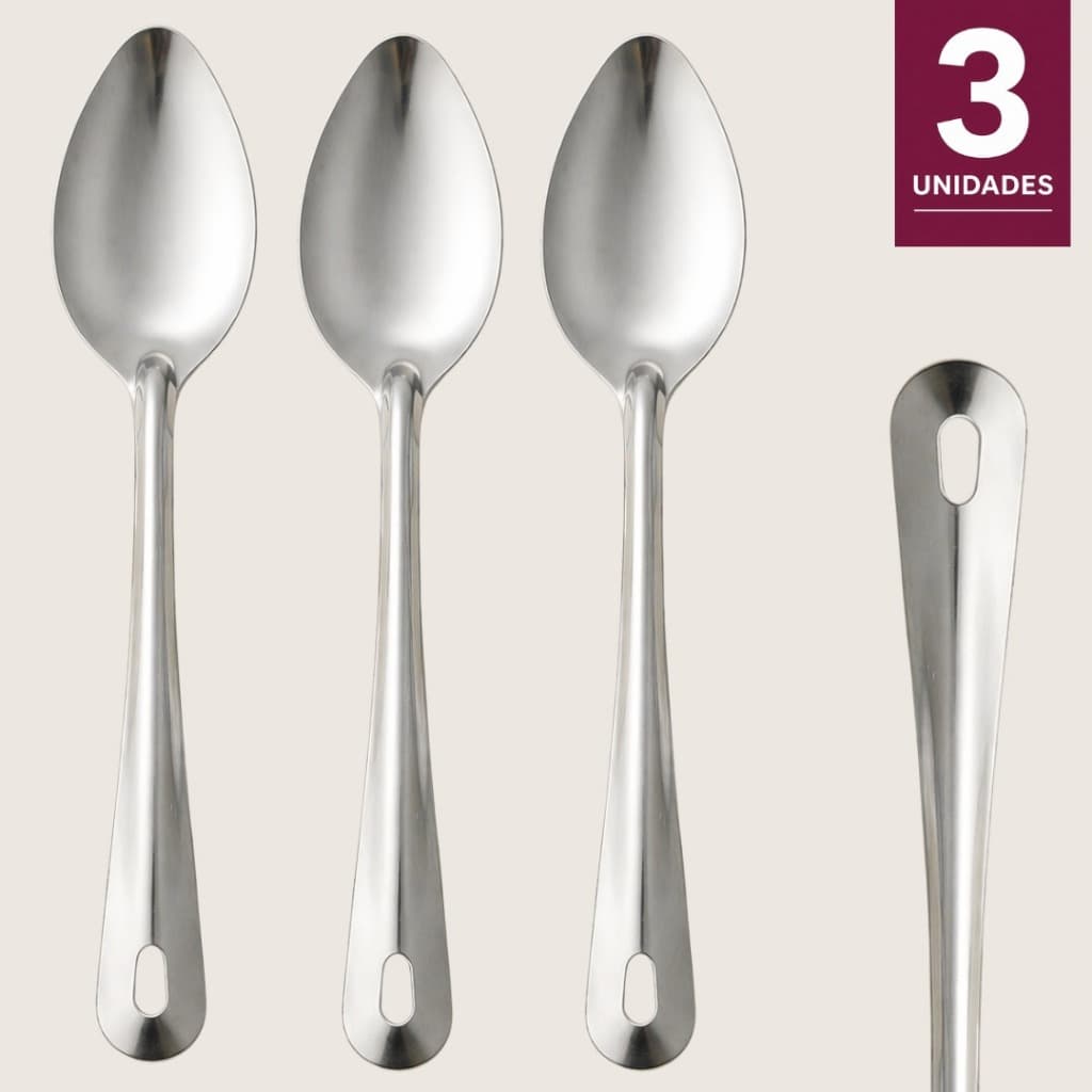 Colher Arroz Inox 25cm Colher Servir Aço Inox Resistente Cozinha Premium Durável Kit com 3 Unidades