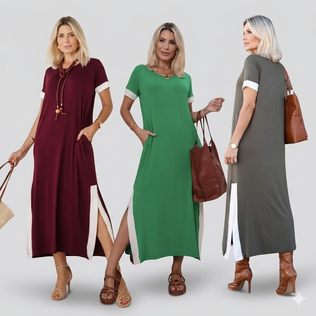 Vestido longo moda feminina com fenda bolso moderno elegante confortável casual manga curta tendência estiloso bicolor