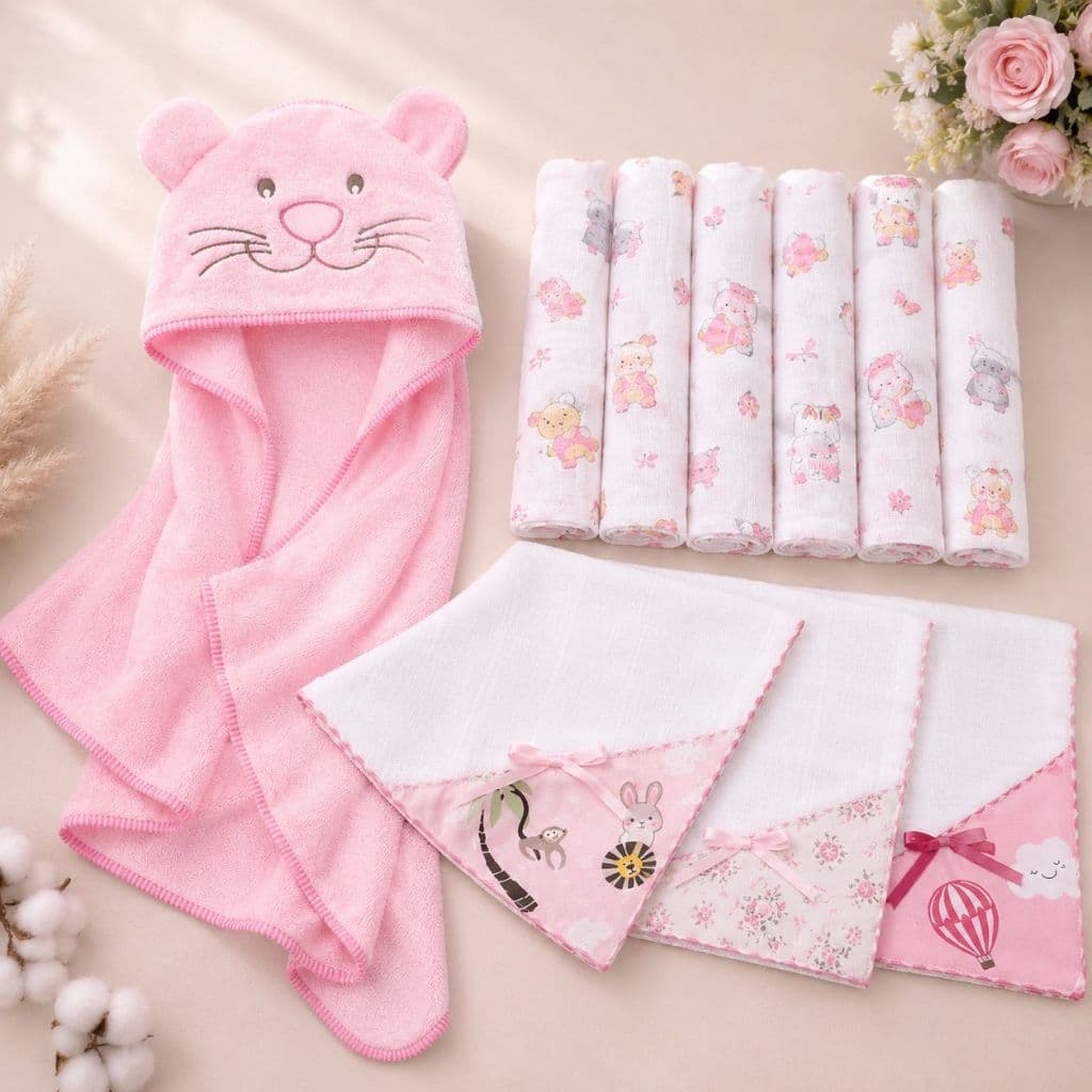 Kit Enxoval Bebê 15 Peças Toalha Bordada + 11 Fraldinhas + 3 Mantas 100% Algodão