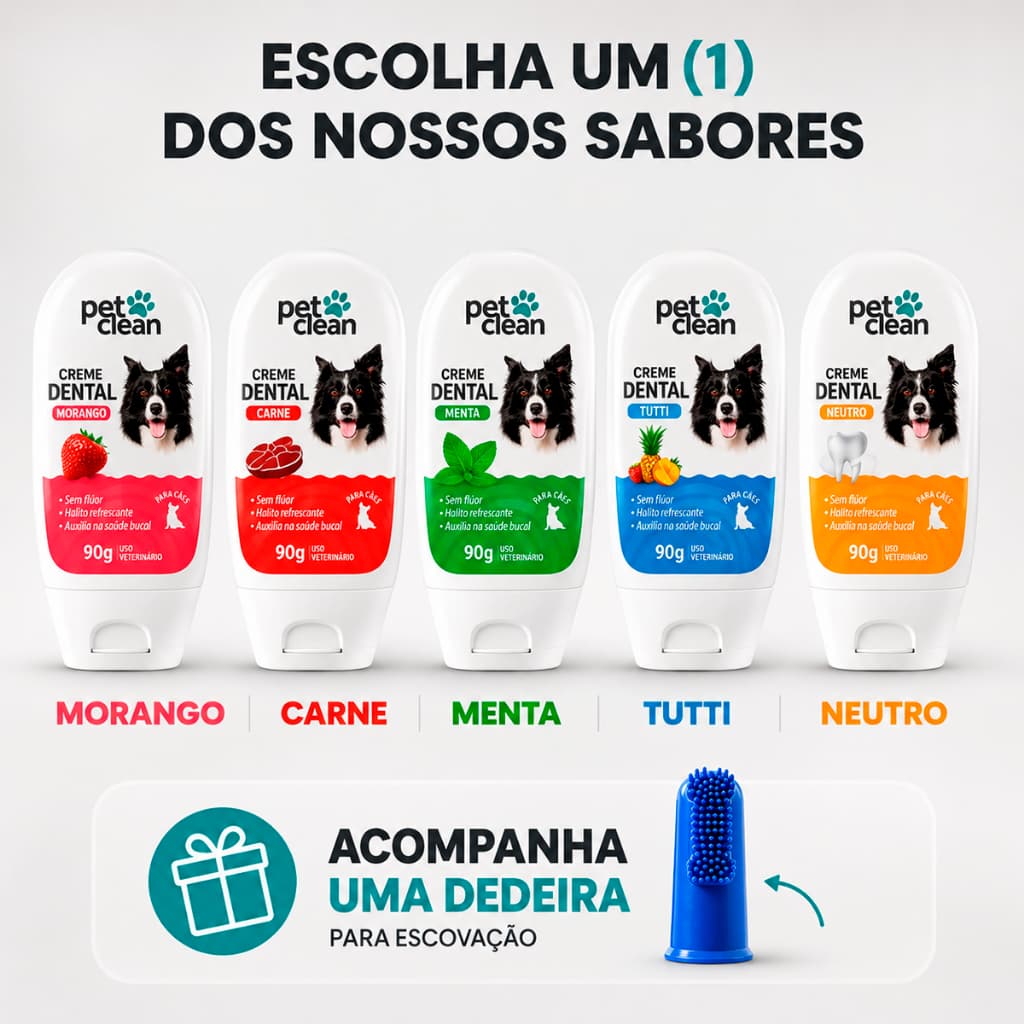 Kit Creme Dental e Dedeira Pet Clean 90g Previne mau hálito para cães