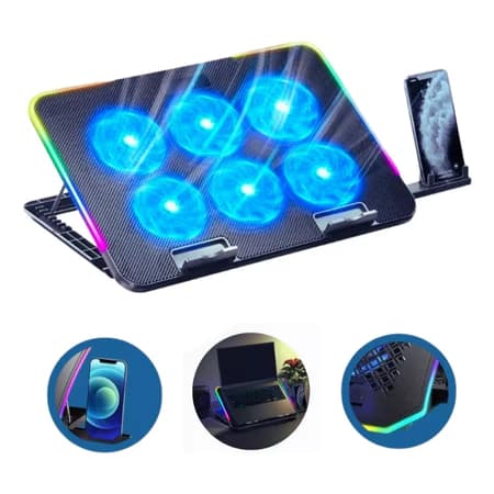 Suporte Base Cooler para notebook Led RGB 6 Coolers Ventoinha Silencioso 9' até 17' Pol Refrigerada USB - DELTA-B3162M