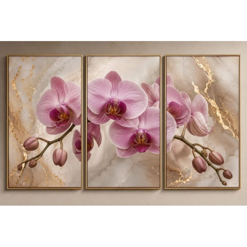 Kit quadro decorativo 3 peças flores orquídeas roxa