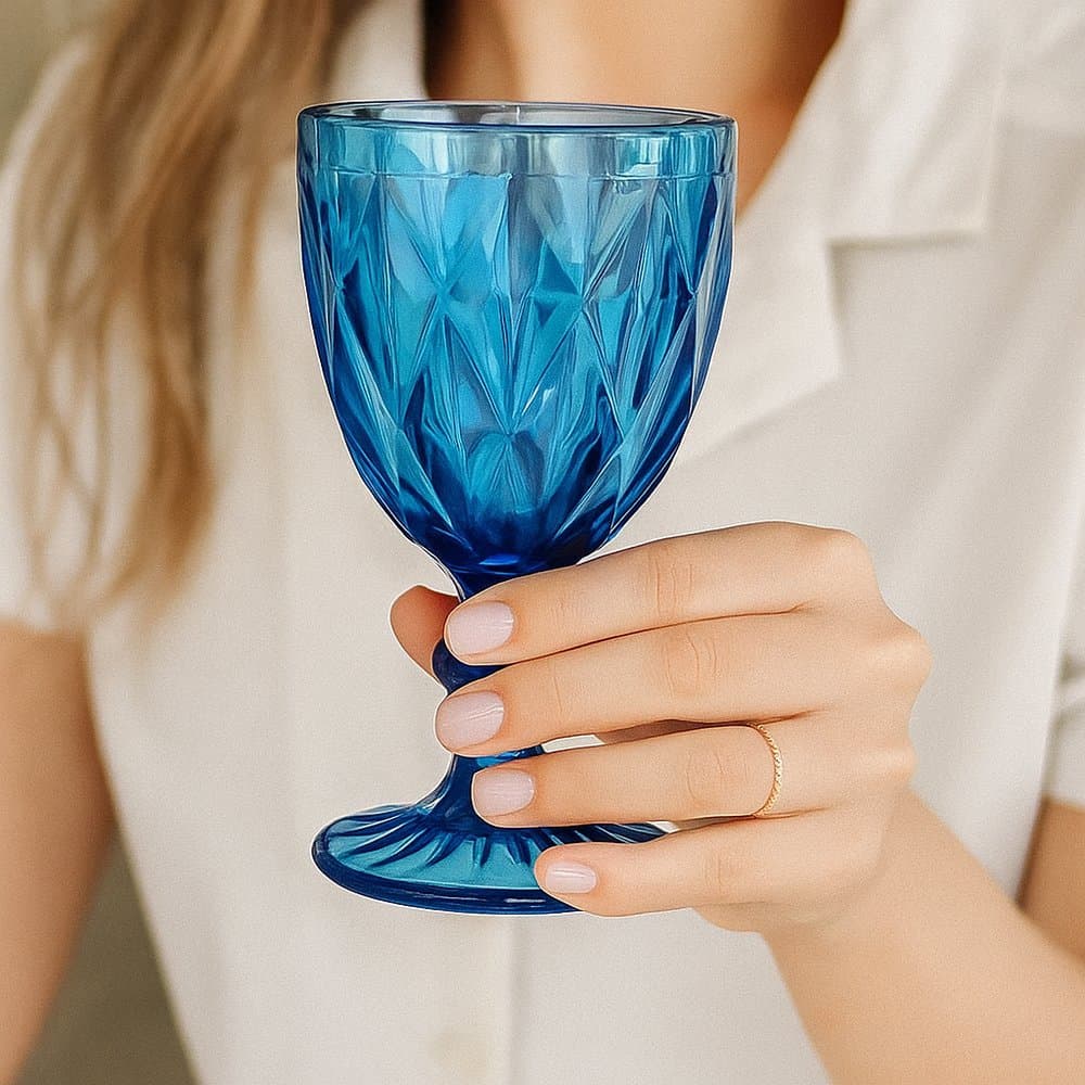Conjunto 6 Taças Vidro Transparente Platinado ou Azul Elegante 330ml - Bebidas em geral