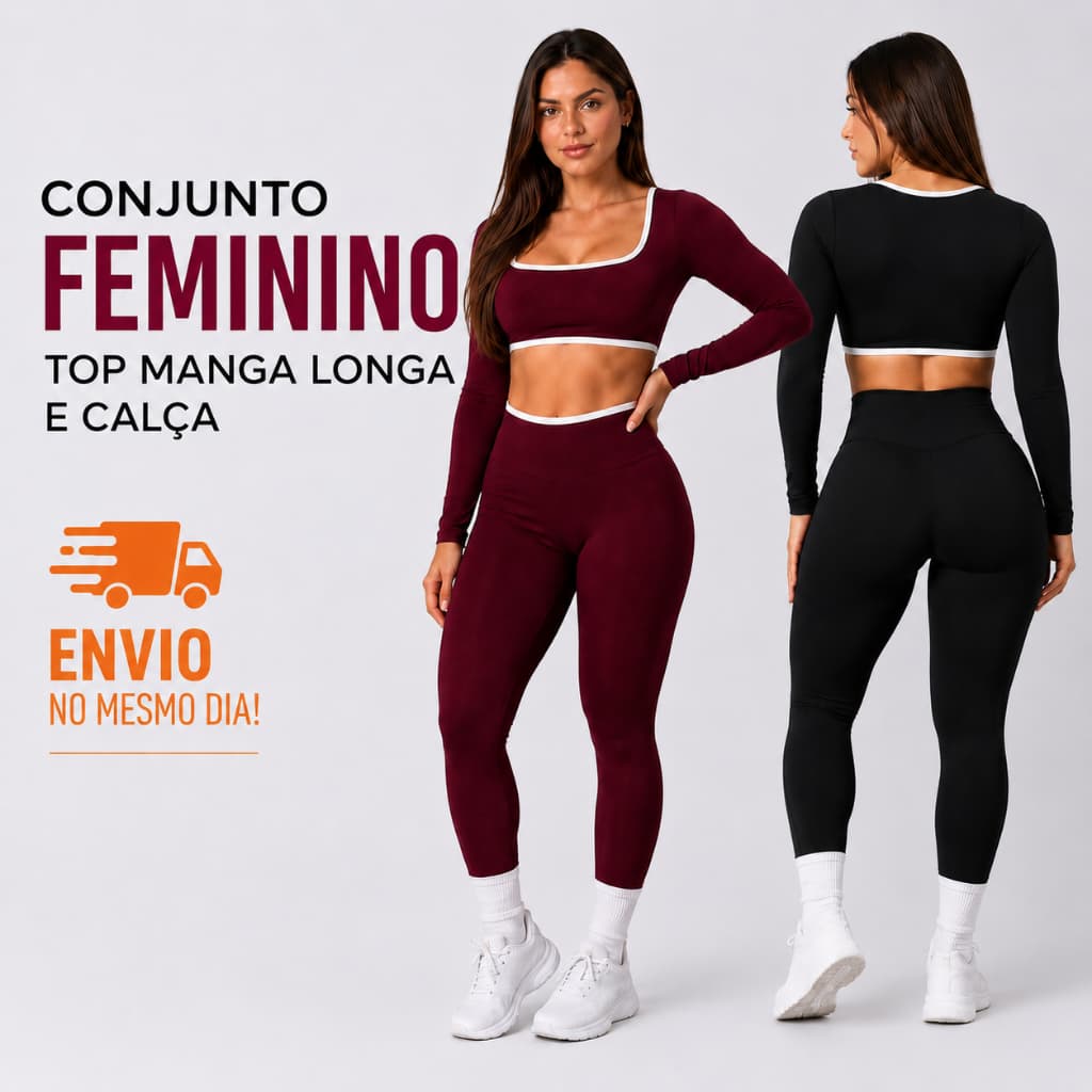 Conjunto Feminino Fitness Top Manga longa e Calça Cintura Alta Academia Suplex