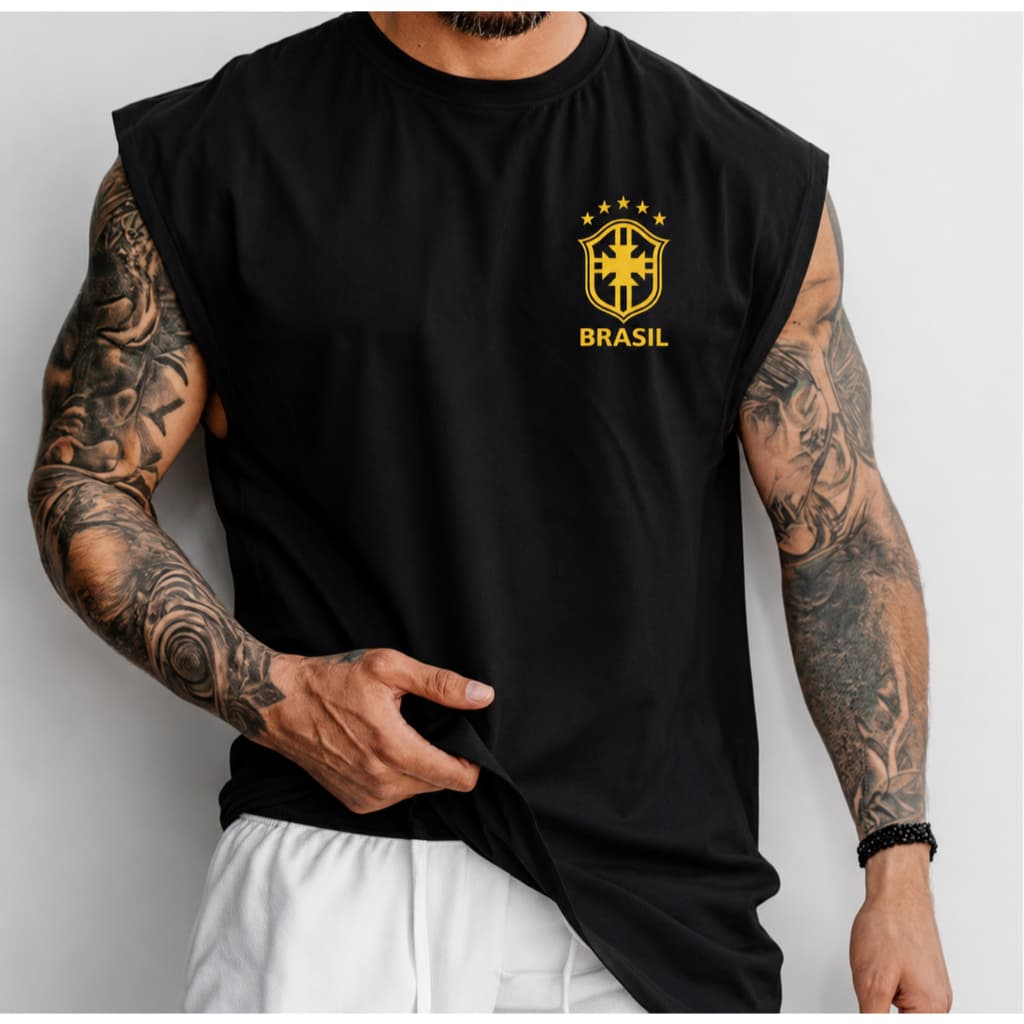 Regata Masculina Camiseta Brasil Cavada Machão Estilosa Algodão Premium Estampado Verão Lazer Confortavel Envio Imediato
