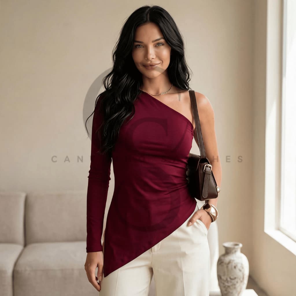 Blusa Feminina Assimétrica Suplex Um Ombro Manga Longa Fashion Tendência