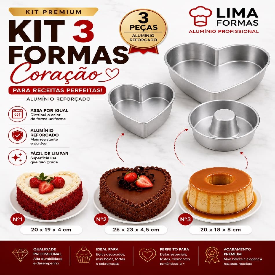 Kit Formas de Bolo Suíça Decoradas, Forma de Coração 2 Tamanhos + Forma de Pudim