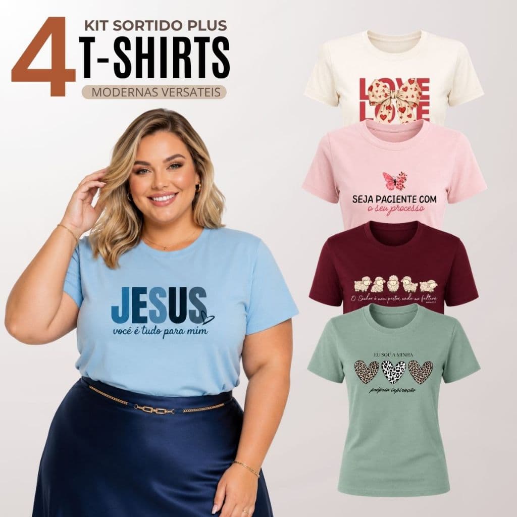 Kit 4 Blusa Plus Size Feminina Manga Curta Gola Redonda Básica Casual