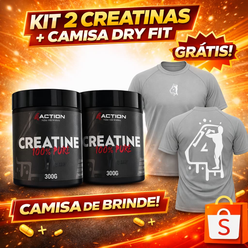 Kit 2x Creatina Monohidratada 100% Pura 300g Action + Camisa Dry Fit Cinza Slim Brinde