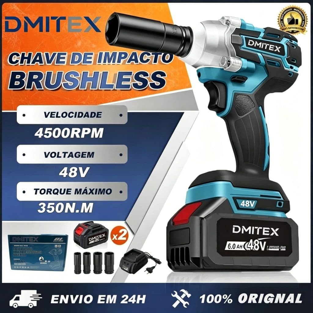 Chave de Impacto Elétrica Sem Fio Com 48V Bateria Motor Brushless 4 Pecas Soquetes
