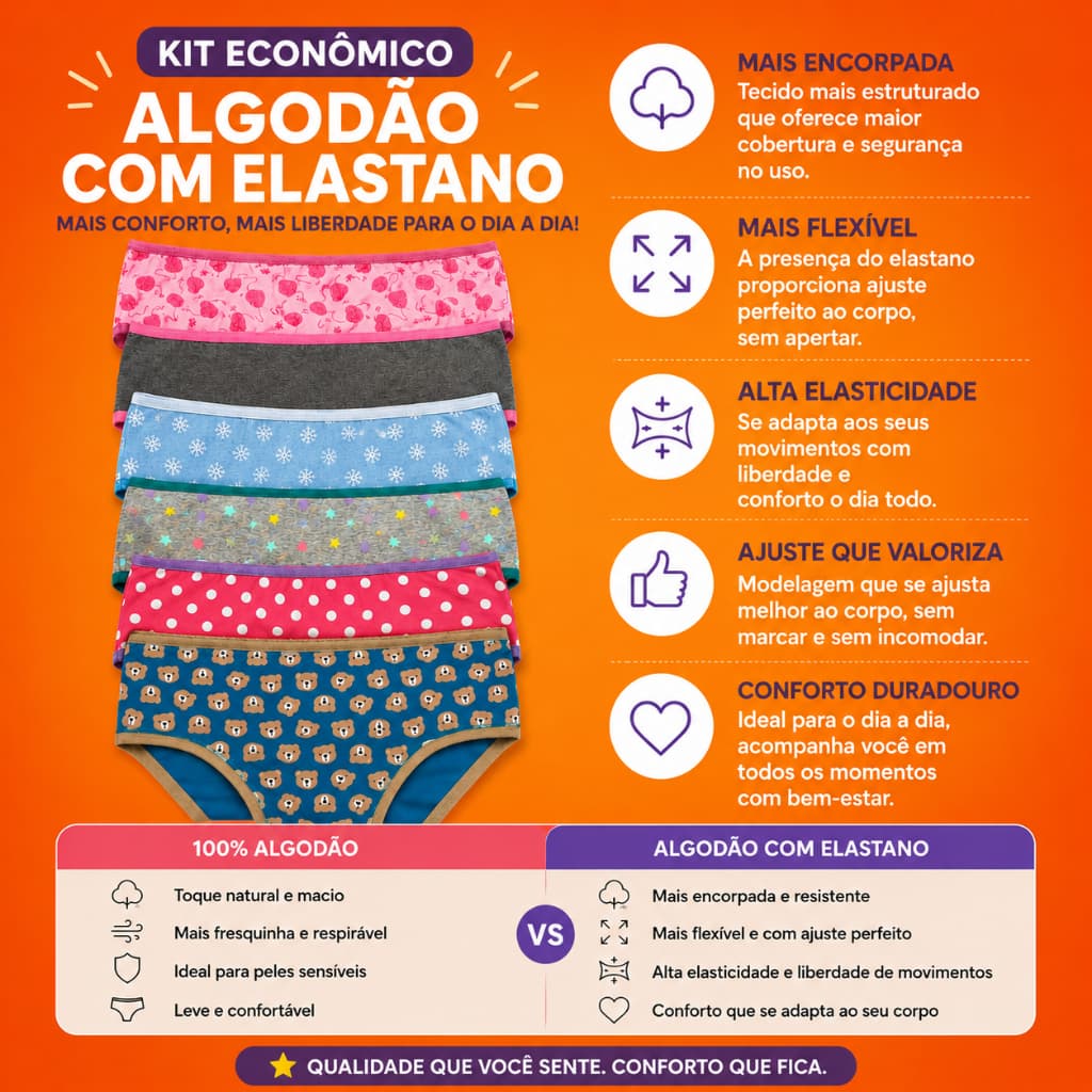 Kit 06 calcinhas INFANTIL em COTTON PREMIUM algodão com elasticidade - ESTAMPAS E CORES VARIADAS