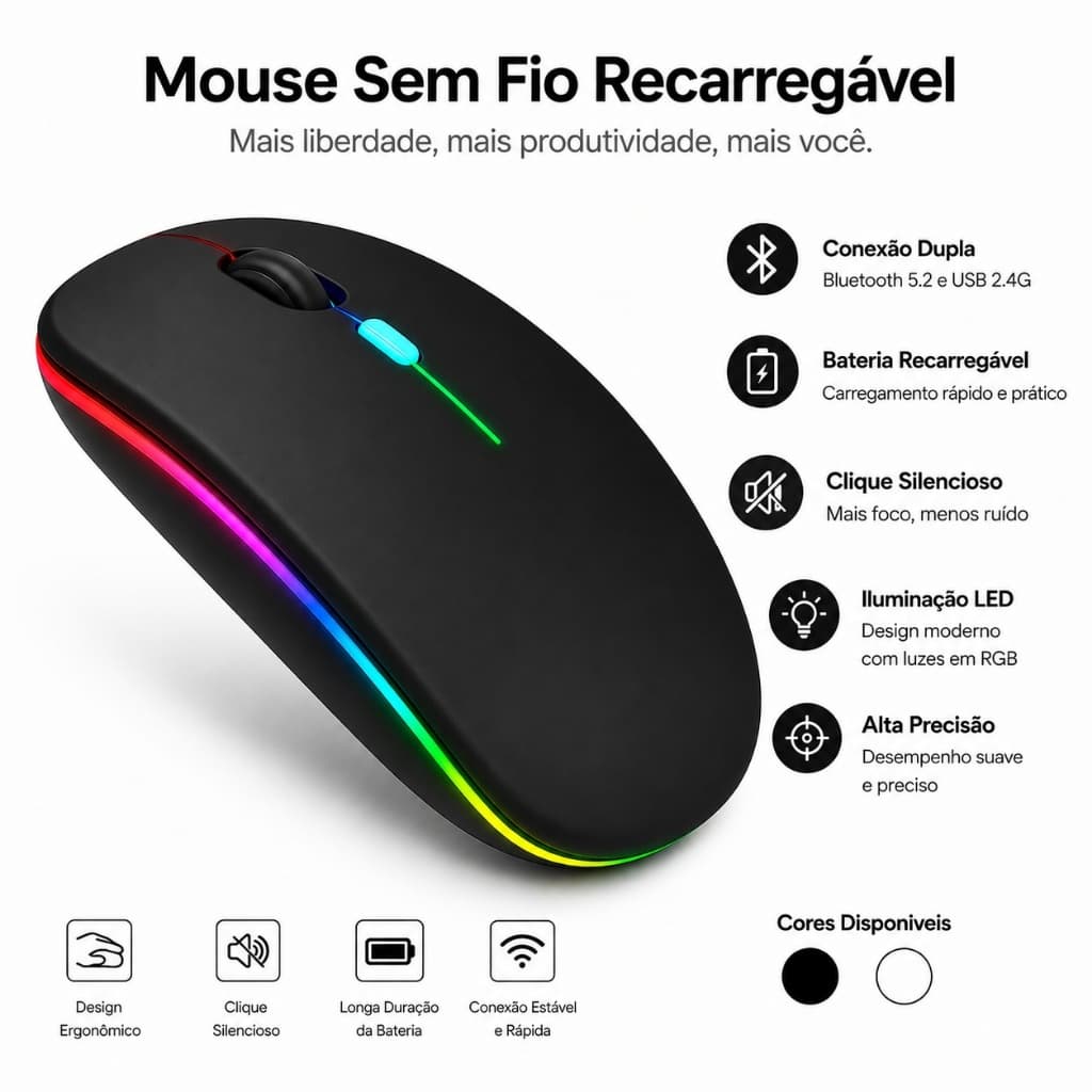 Mouse Sem Fio Recarregável com LED RGB: Conforto e Eficiência para seu Home Office