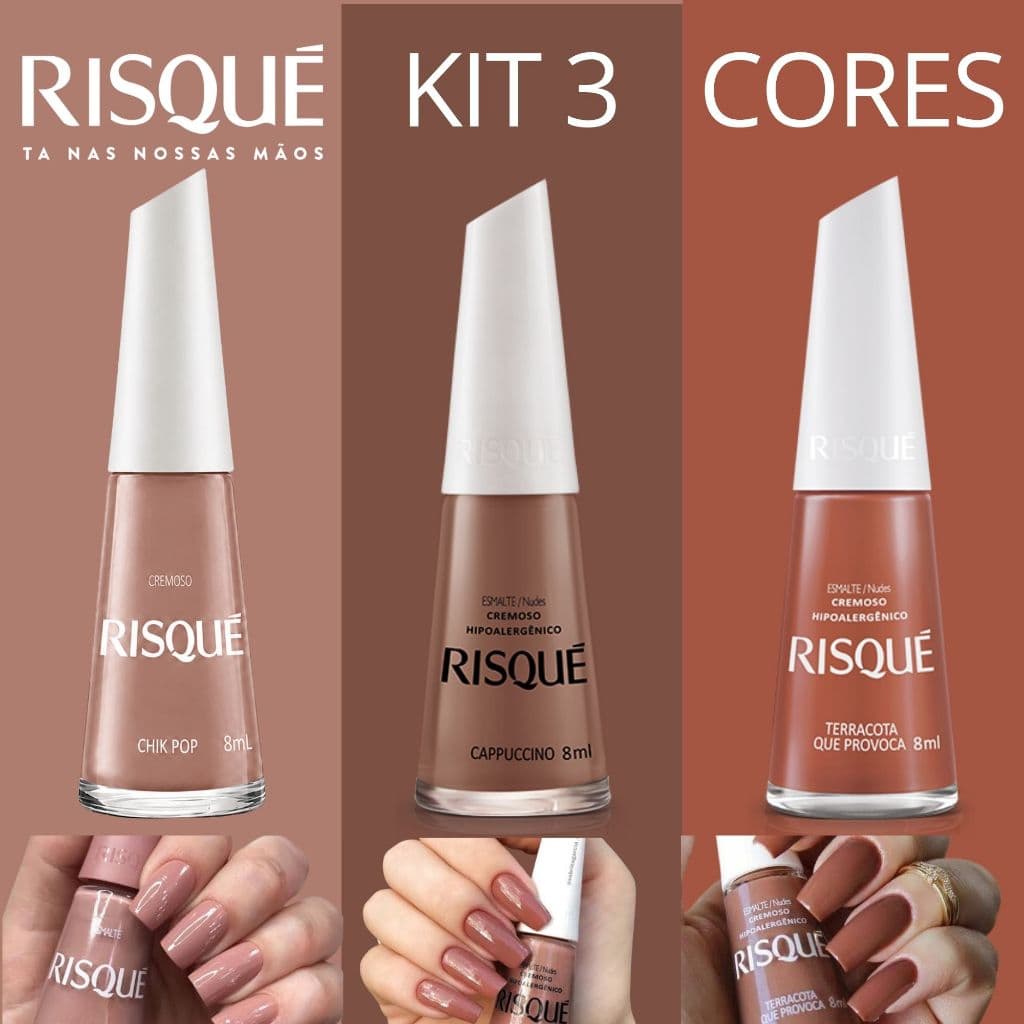 Kit Esmaltes Risqué Tons Cores Marrons Nudes Cremosos 8ml