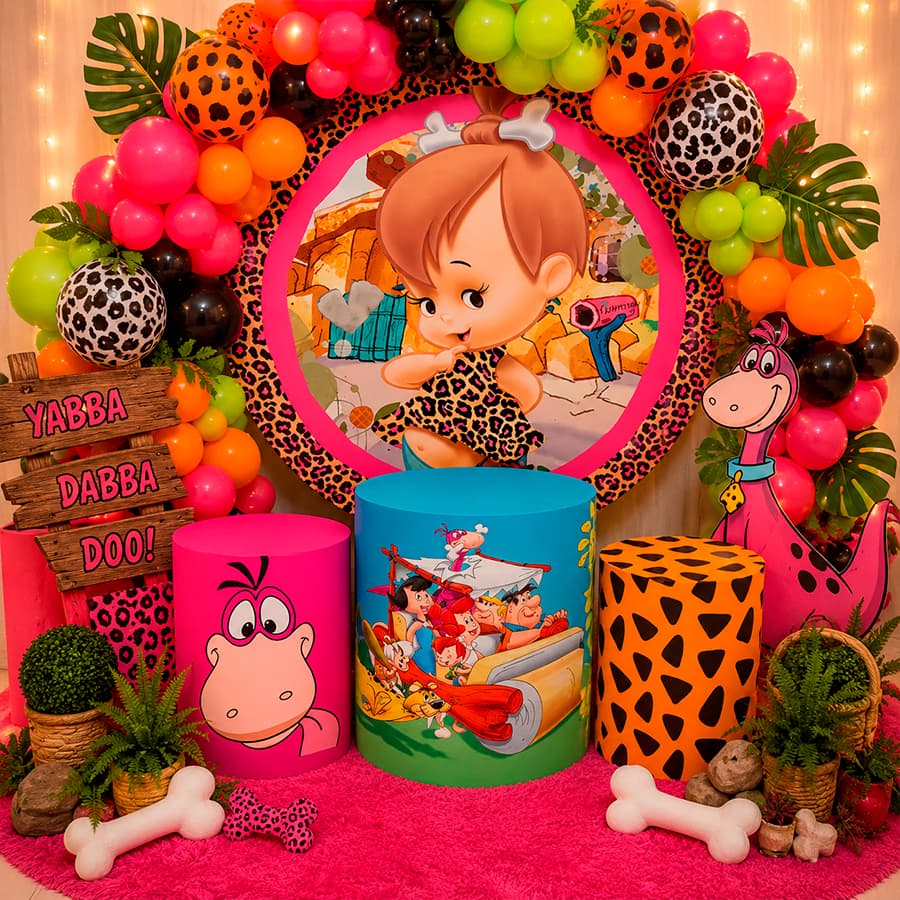 Kit Capa De Painel Redondo + Capas De Cilindro Para Festas Tema Pedrita Flintstone Desenho Vintage