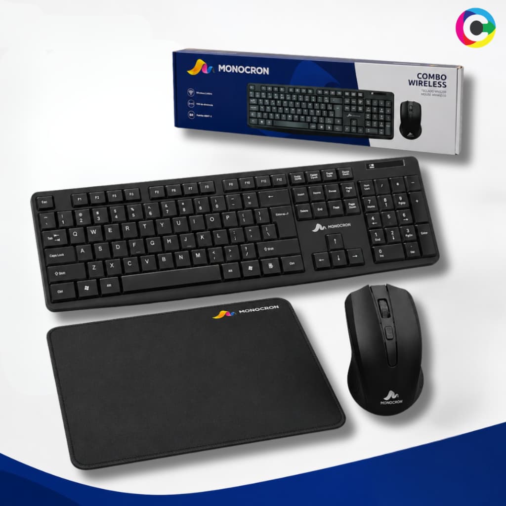 Kit Teclado Mouse Sem Fio E Mouse Pad Monocron Escritório Wireless USB Compacto Portátil