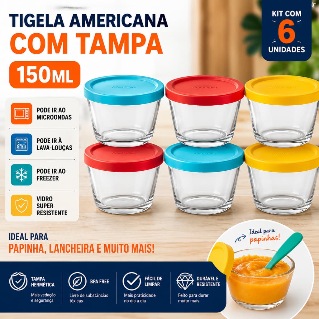 Tigela de Vidro Com Tampa Pequena 150ml Pote De Vidro 150Ml Com Tampa Bowl Pequeno Kit 6 Unid