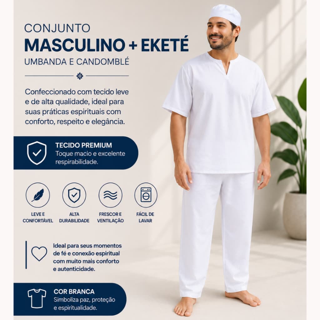 Conjunto Masculino + Ekete Umbanda e Candomblé Roupa de Ração Premium Luxo 3 pçs