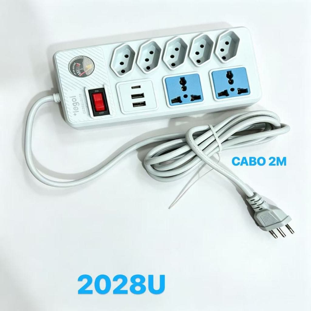 Regua Filtro de Linha 5 Tomadas Extensao Eletrica 2Universal 2 USB Bivolt 10A 110v/220v Cabo 2M -SUS