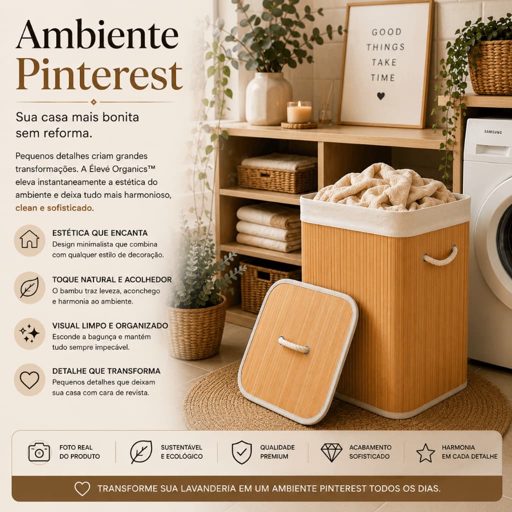 Cesto Organizador De Roupas Em Bambu 70L Com Tampa Luxo