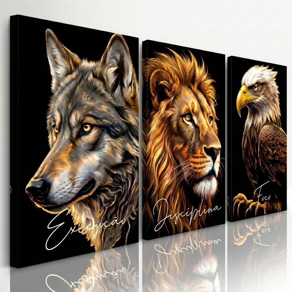 Quadros Decorativos Sala Quarto Leão Águia Lobo Motivacional Disciplina Foco Execução Motivação Gold