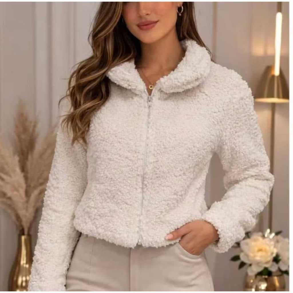 Jaqueta Feminina Pelo Sintético Teddy Sherpa, Zíper Inverno Casaco de Frio