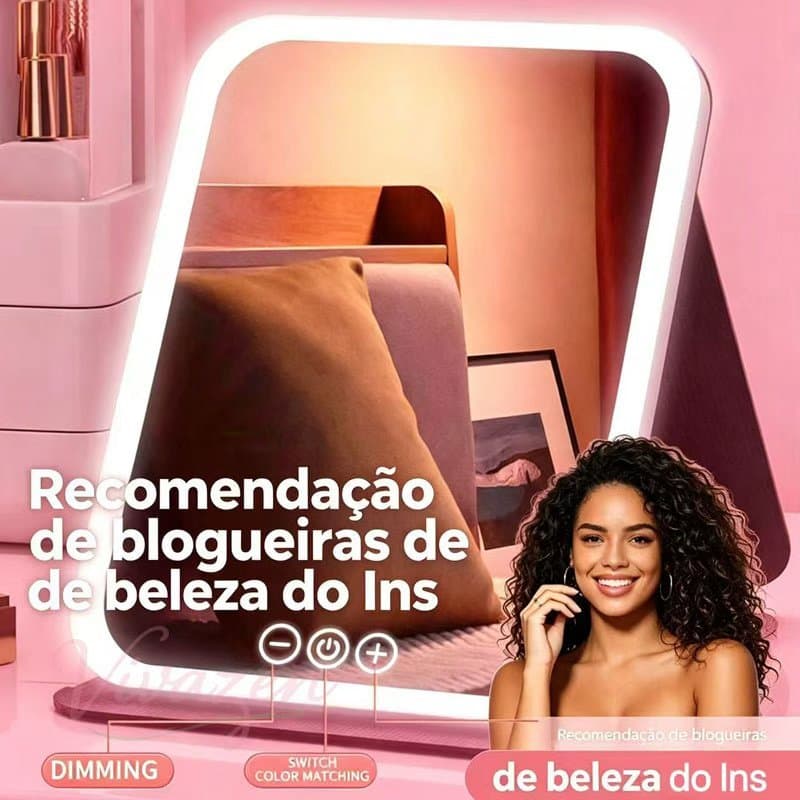 Espelho Inteligente LED Touch Regulável Dobrável 3 Cores Luz Penteadeira Viagem